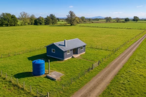 Vista aérea de una parcela rural con factibilidad de agua potable y servicios básicos, ubicada en un entorno verde del sur de Chile.